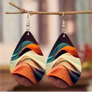 Earrings Bohemian Style Tear Drop Double Sided Mixed Color Wooden Dangle Pierced